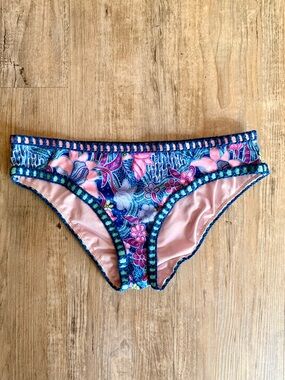 Victoria's Secret Blue Floral Crochet-Trim Bikini Bottoms